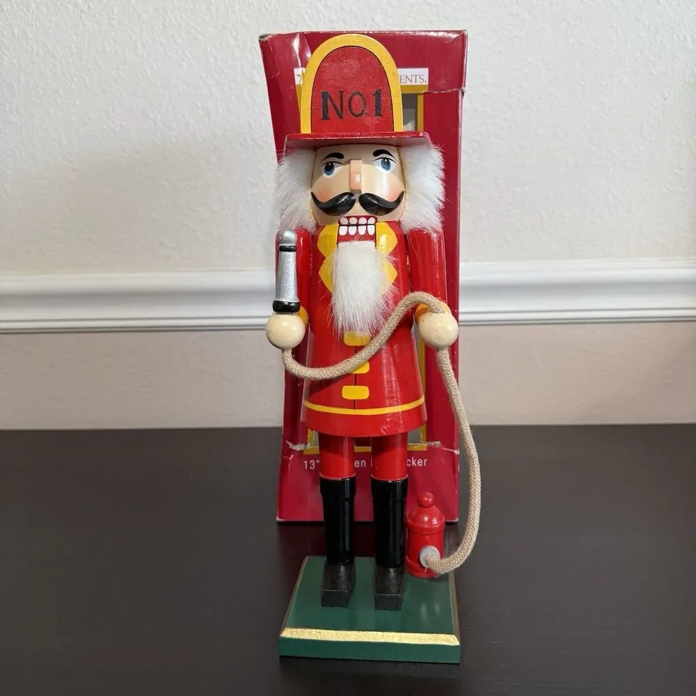 Nutcracker Fireman Figurine Wooden Vintage Holiday Home Accent Hose Fire Hydrant